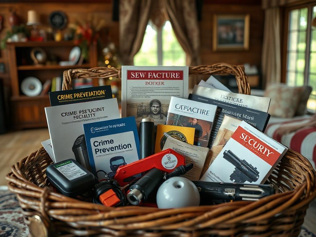 A close-up shot of various crime prevention resources inside the Community Security Hamper, including brochures, security gadgets, and educational materials. The setting should be a cozy rural home environment, with soft natural lighting illuminating the contents, emphasizing the importance of accessible information and tools for crime prevention.