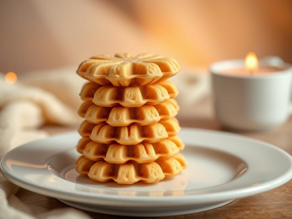A single plate of golden-brown mini waffle cookies stacked neatly, set against a soft, cozy background with warm lighting. The plate should be simple and elegant, showcasing the texture of the cookies. The scene should evoke a serene atmosphere, inviting the viewer to indulge in these delicious, allergy-free treats.