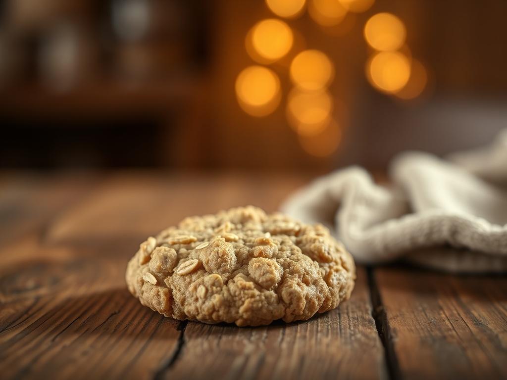 A realistic high-resolution photo of a single Allergy-Free Oatmeal Cookie on a rustic wooden table. The cookie should appear golden brown and chewy, with visible oats and texture. The background should be softly blurred, creating a cozy atmosphere with warm, golden hues and soft lighting. The scene should evoke a sense of comfort and indulgence.