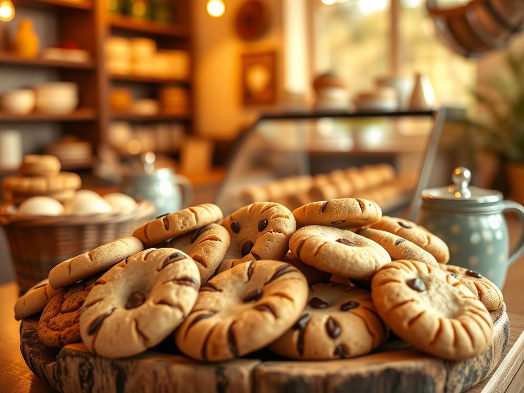 A cozy bakery scene featuring an inviting display of various