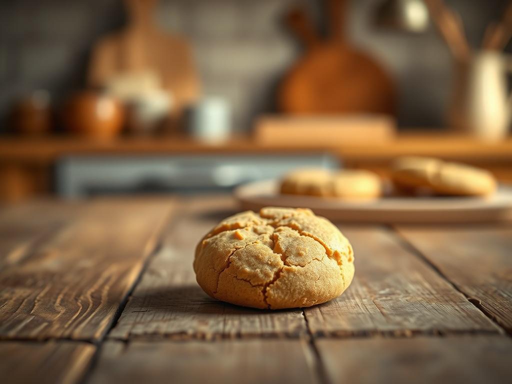 A cozy, high-resolution image of a single Allergy-Free SunButter Cookie placed on a rustic wooden table. The cookie should appear golden-brown, with a slightly cracked surface to showcase its texture. Soft, warm lighting should illuminate the scene, creating a serene atmosphere. The background should be a blurred kitchen setting, hinting at a homey baking environment with subtle hints of warm colors.