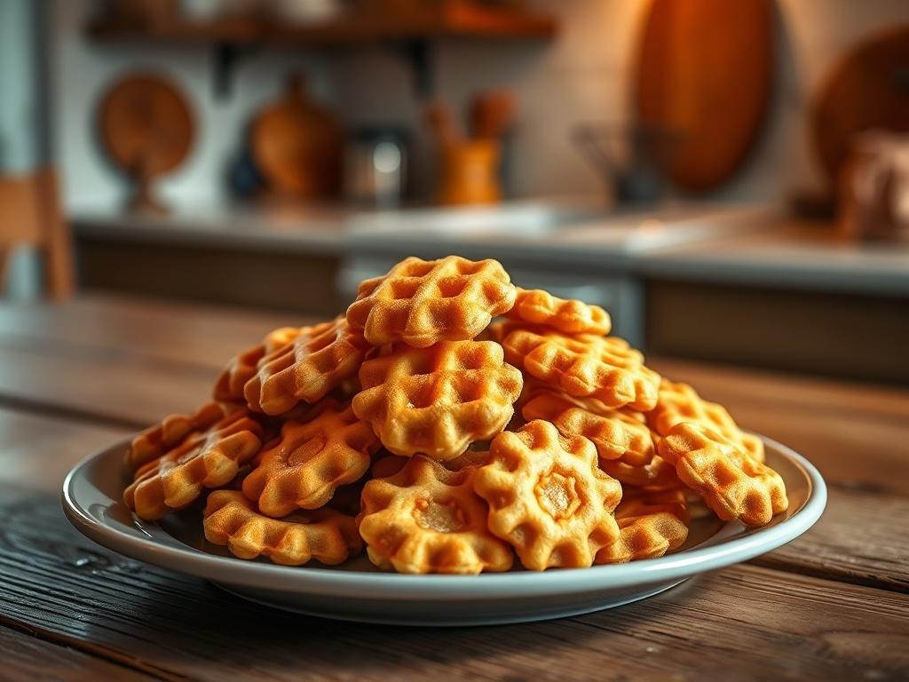 A realistic high-resolution photo of a plate filled with Allergy-Free Mini Waffle Cookies. The cookies should be golden brown, small and round, with a crispy texture. The plate should be placed on a rustic wooden table, surrounded by soft lighting creating a cozy atmosphere. The background should feature a blurred kitchen setting, enhancing the warm and inviting feel of the image.