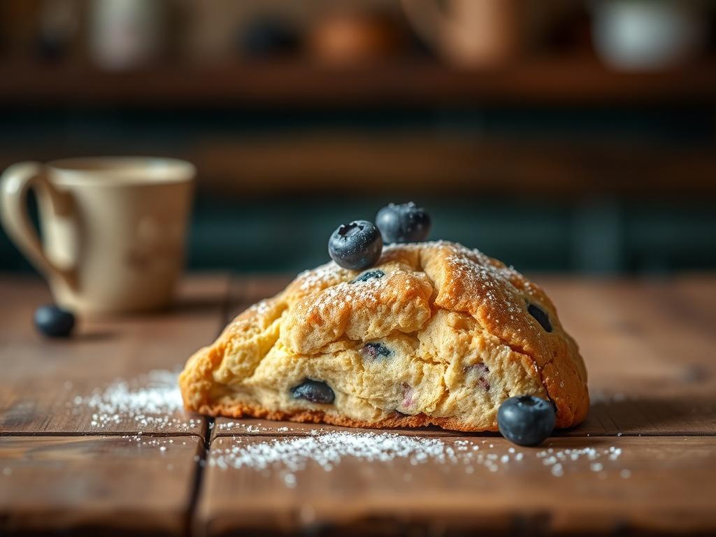 A single, golden-brown allergy-free scone placed on a rustic wooden table, with soft lighting creating a cozy atmosphere. The scone should be adorned with a few fresh blueberries and a light dusting of powdered sugar, emphasizing its deliciousness. The background should be blurred to keep the focus on the scone while enhancing the serene and inviting ambiance.