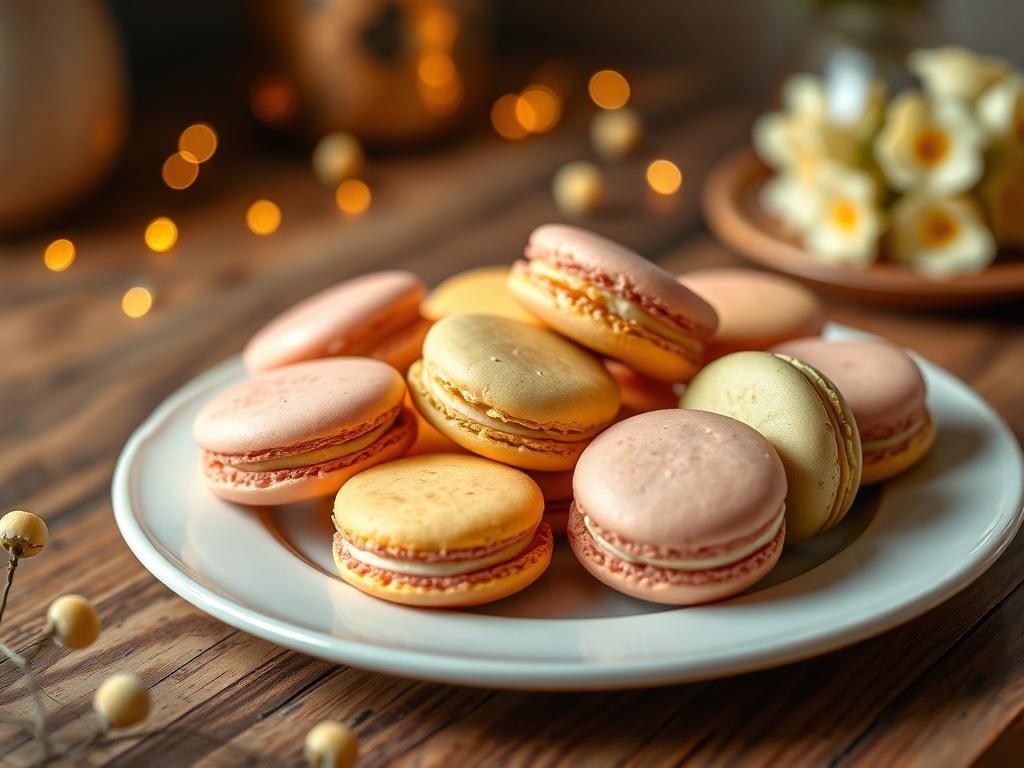 A realistic high-resolution photo of a plate of colorful allergy-free macrons arranged neatly. The macrons should be in various pastel colors like pink, yellow, and green, showcasing their delicate texture. The background should be softly lit, with a cozy atmosphere, featuring a wooden table and soft golden hues to enhance the warmth of the scene.