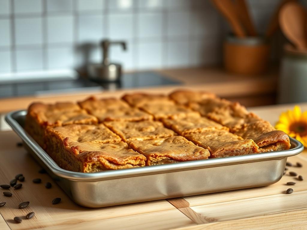 A high-resolution photo of an 8×8 pan filled with golden-brown sunflower butter bars, cut into squares. The bars should look moist and inviting, with a slightly crumbly texture. The background is a cozy kitchen setting with soft lighting, showcasing a wooden countertop and a few scattered sunflower seeds for added detail. The atmosphere should feel warm and welcoming, emphasizing the homemade quality of the bars.