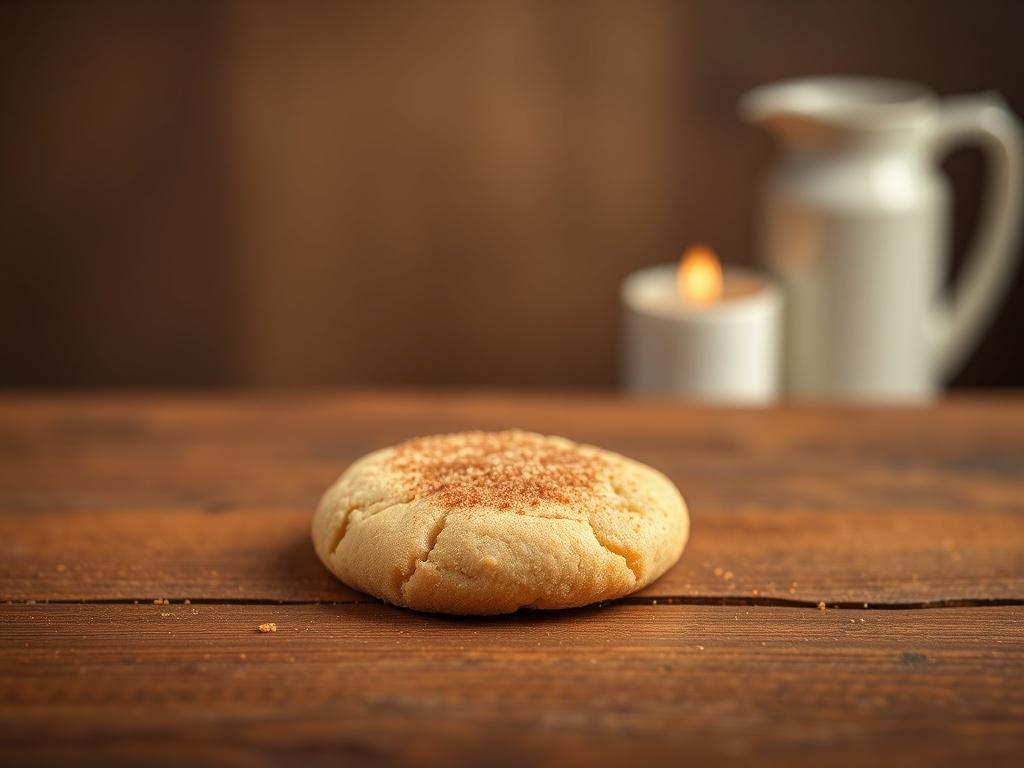 A realistic high-resolution photo of a single Allergy-Free Smicker Doodle cookie on a rustic wooden table. The cookie is perfectly round, golden-brown with a sprinkle of cinnamon sugar on top. The background is softly blurred, creating a warm and inviting atmosphere with cozy golden hues and soft lighting.