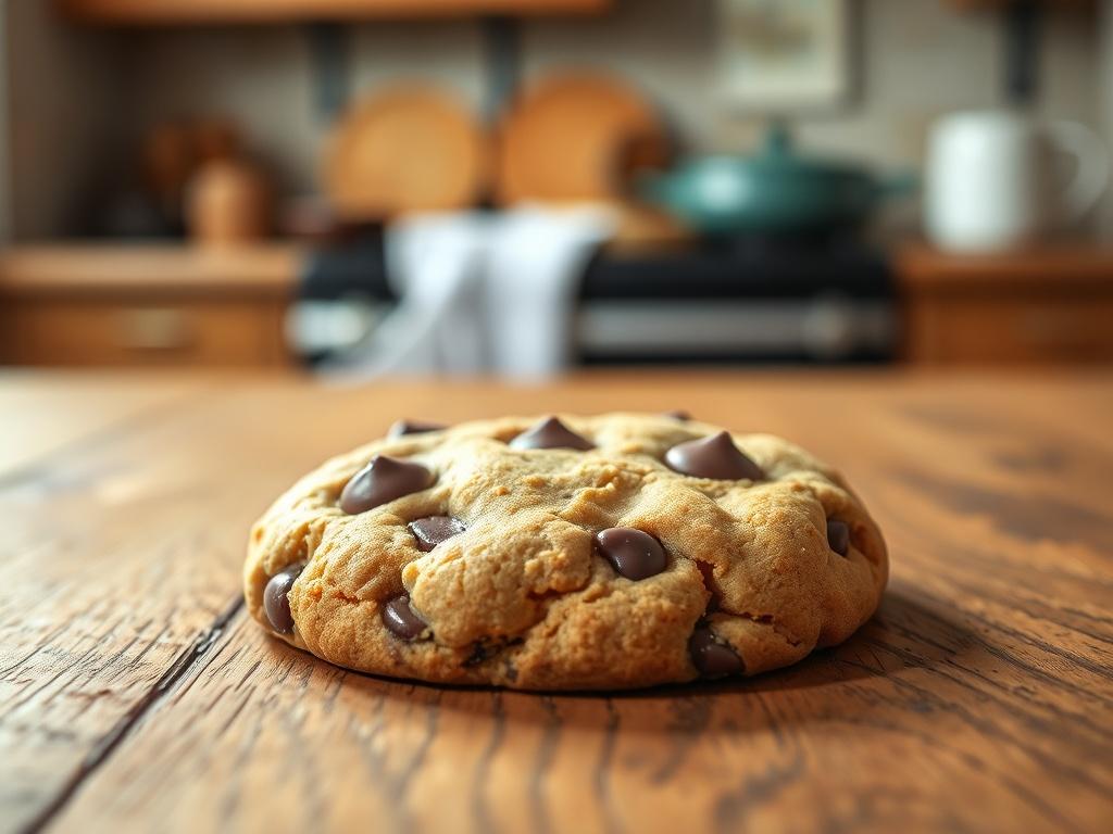 A single, freshly baked Allergy-Free Chocolate Chip cookie placed on a rustic wooden table. The cookie has a golden brown color with visible chocolate chips melting slightly on top. The background is softly blurred to showcase a cozy kitchen setting with warm tones and gentle lighting, creating a serene and inviting atmosphere.