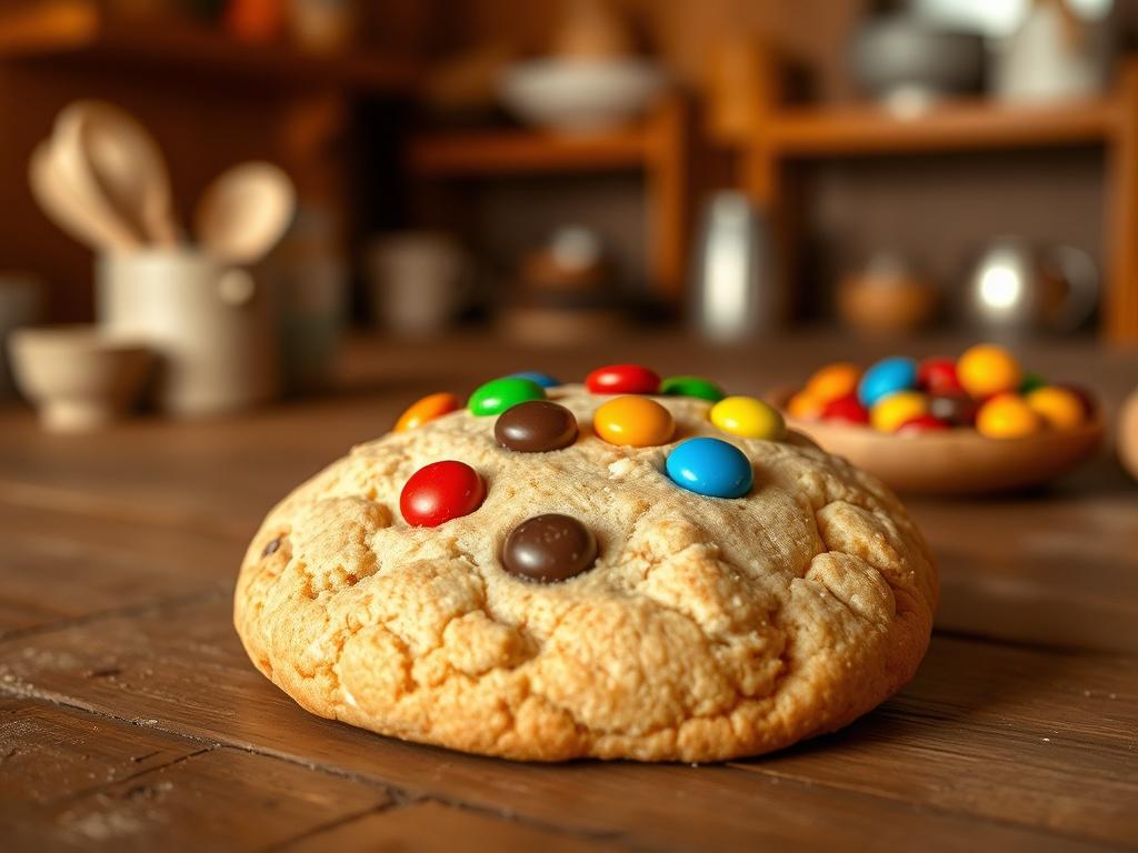 A single Allergy-Free M&M Cookie, perfectly round and golden brown, placed on a rustic wooden table. The cookie is topped with vibrant, allergy-friendly M&M chocolate pieces, showcasing a variety of colors. The background features a softly blurred, cozy kitchen setting with warm lighting, evoking a sense of comfort and home baking.