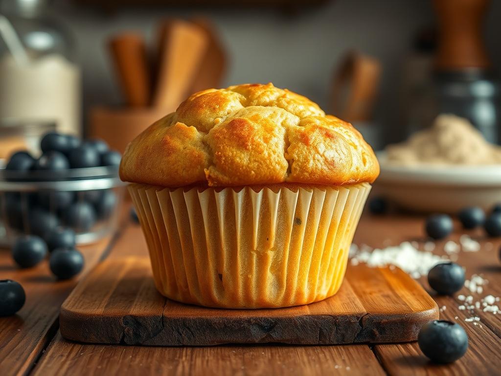 A high-resolution photo of a freshly baked allergy-free muffin, showcasing its golden-brown top and soft, fluffy interior. The muffin is placed on a rustic wooden table, surrounded by a cozy kitchen atmosphere with soft lighting. The background includes a hint of baking ingredients like gluten-free flour and fresh blueberries, creating a warm and inviting scene.