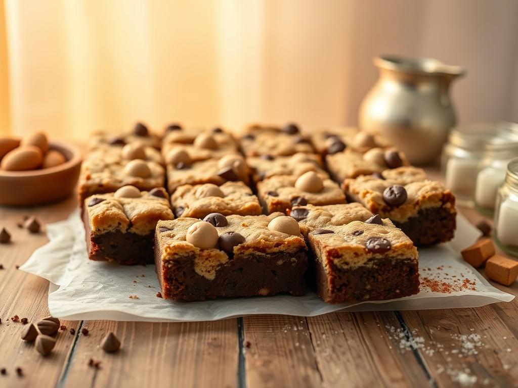 A cozy, high-resolution image of an 8x8 pan of Allergy-Free Brookie Bars. The bars are cut into squares, showcasing the rich, fudgy brownie base and soft, chewy cookie dough topping. The background features soft, golden hues and warm lighting, creating a serene atmosphere. The setting is inviting, with a rustic wooden table and a few ingredients scattered around, hinting at the allergy-free nature of the treats.