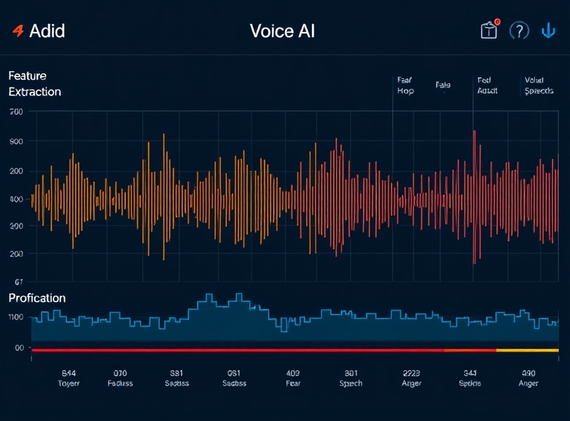 Voice AI algorithm visualization with waveforms and emotional metrics analysis