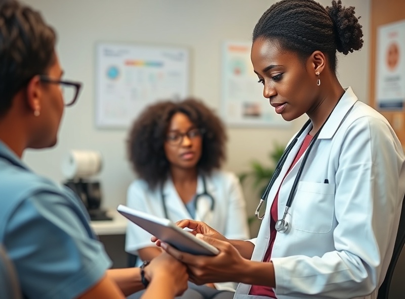 Female clinician reviewing mental health clinical reports with data visualizations