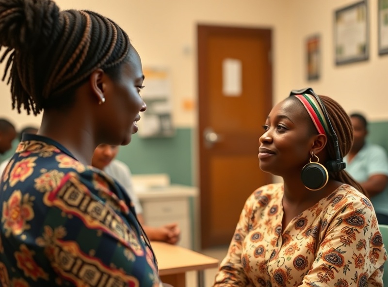 Community health worker conducting voice-based mental health screening with patient