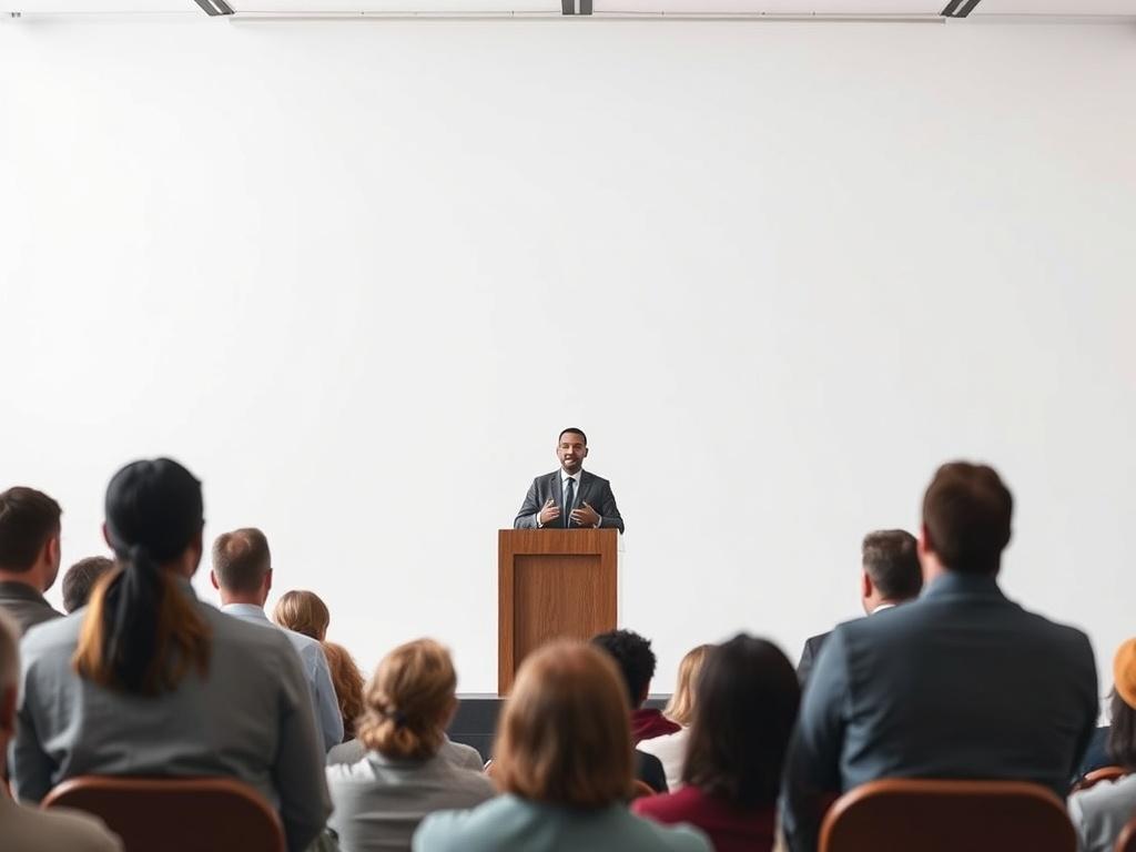 A speaker at a podium engaging an audience with storytelling, in a clean, modern environment that emphasizes connection and inspiration.