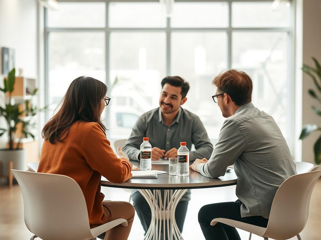A team brainstorming and collaborating in a bright, open space, with visuals representing change and adaptability, emphasizing clarity and innovation.