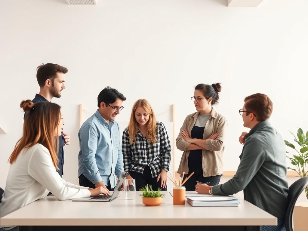 A focused team in a modern workshop setting, engaged in collaboration and discussion, with a minimalist design emphasizing teamwork and unity.