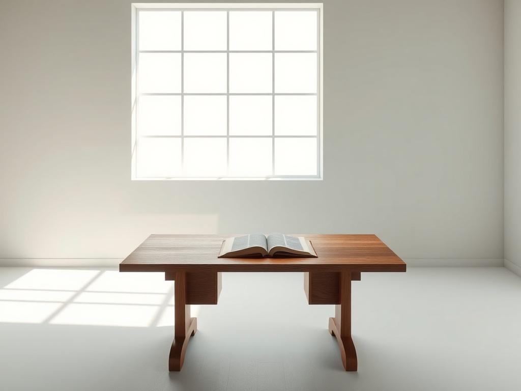 A minimalist office space showcasing a single sturdy oak desk with a classic leather-bound book open on it. The background features a large window allowing natural light to filter in, casting soft shadows. The color palette includes shades of slate and subdued gold tones, ensuring a calm and refined atmosphere. The overall composition should emphasize clarity and order, highlighting the essence of timelessness.