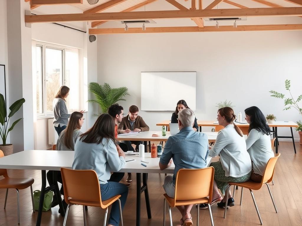 An interactive workshop setting with participants engaged in storytelling activities. The environment is creative and collaborative, featuring tables arranged for group work. Natural light filters in, creating an inviting atmosphere that encourages sharing and connection.