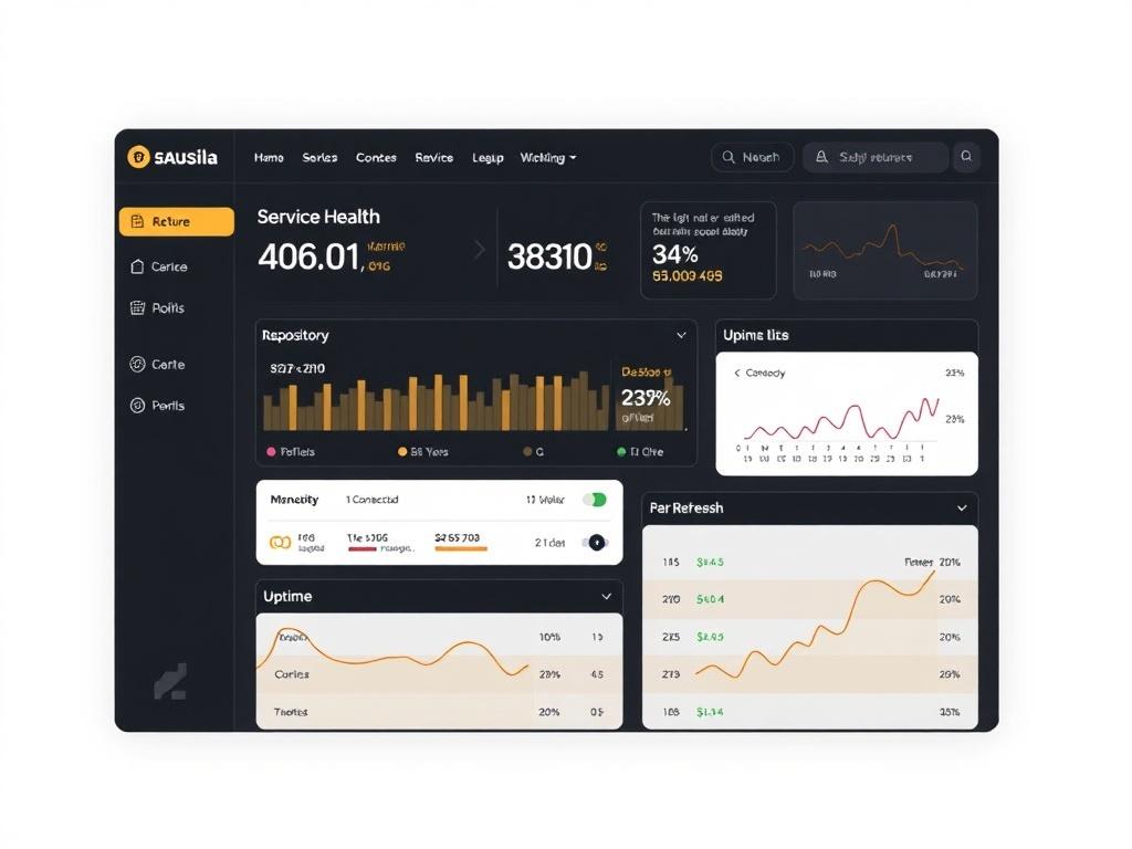 A sleek, modern dashboard interface showcasing service health, repository information, and uptime metrics. The design is minimalist with black and gold accents, featuring clear navigation elements and a live refresh indicator. The background is clean and professional, emphasizing the essential content without distractions.