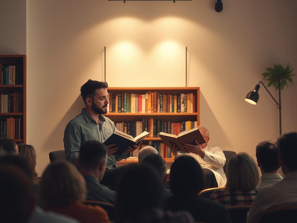 A cozy literary event setting with two authors reading their works to an engaged audience. The atmosphere is warm and inviting, with soft lighting and a minimalist design. Focus on the authors, with a subtle backdrop of bookshelves to enhance the literary theme.