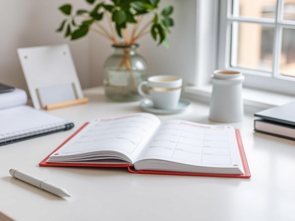 A clean, high-resolution image of a minimalist desk featuring an open planner template. The focus is on the planner, showing clear and organized sections. The background is softly blurred, emphasizing a serene workspace with natural light.