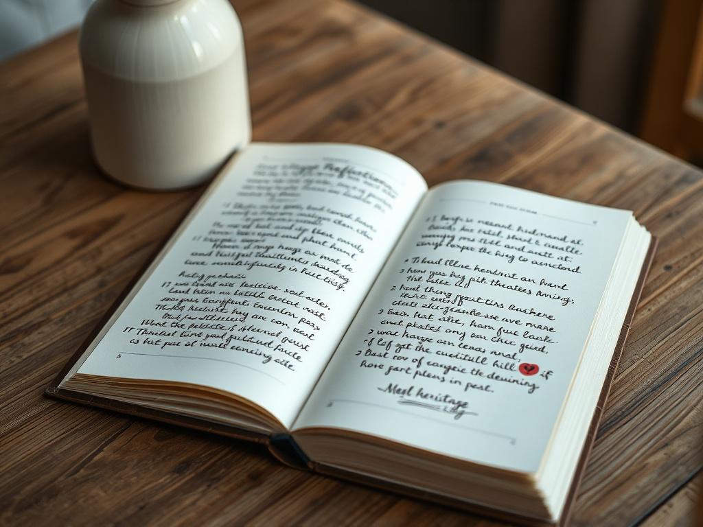 A high-resolution image of an open heritage reflection journal on a wooden table. The journal displays beautifully handwritten notes and sketches, with a cozy, inviting atmosphere created by soft, warm lighting.