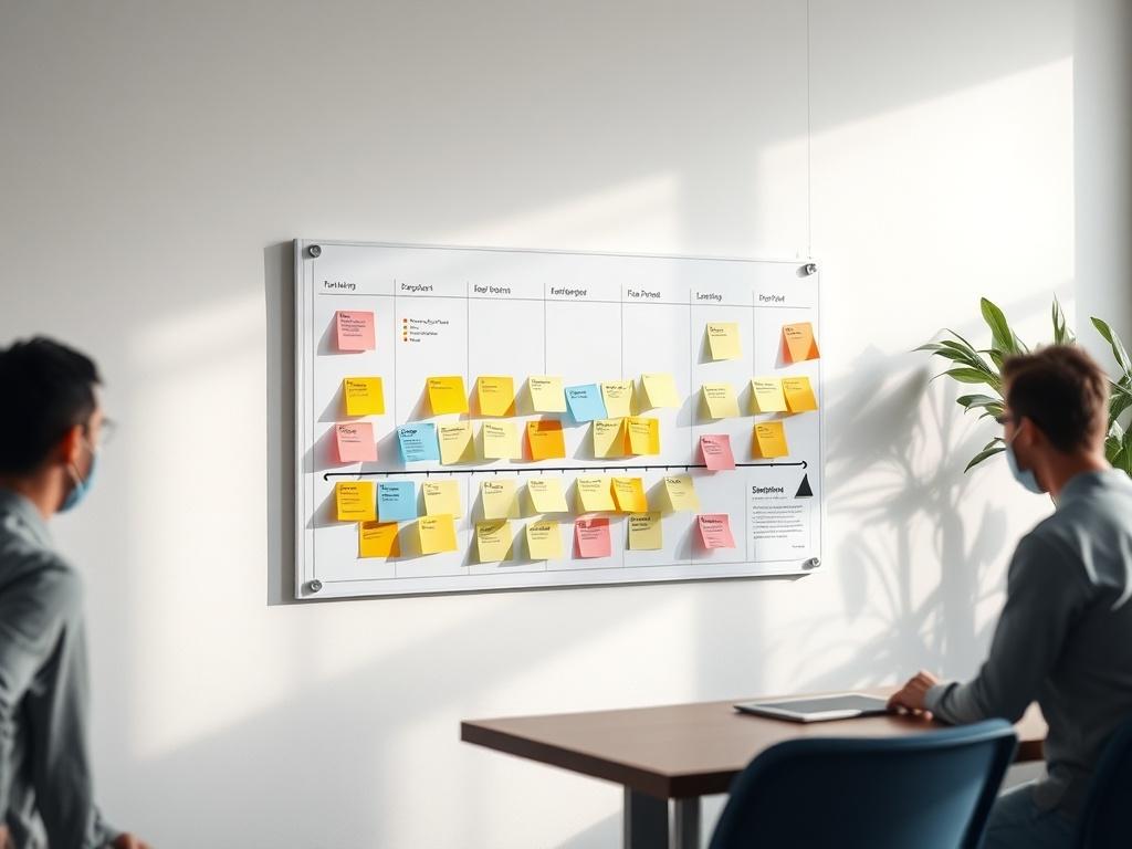A high-resolution image of a project management board displayed on a wall, showcasing colorful sticky notes and a timeline. The scene should convey a sense of dynamic planning and teamwork, with natural light illuminating the space.