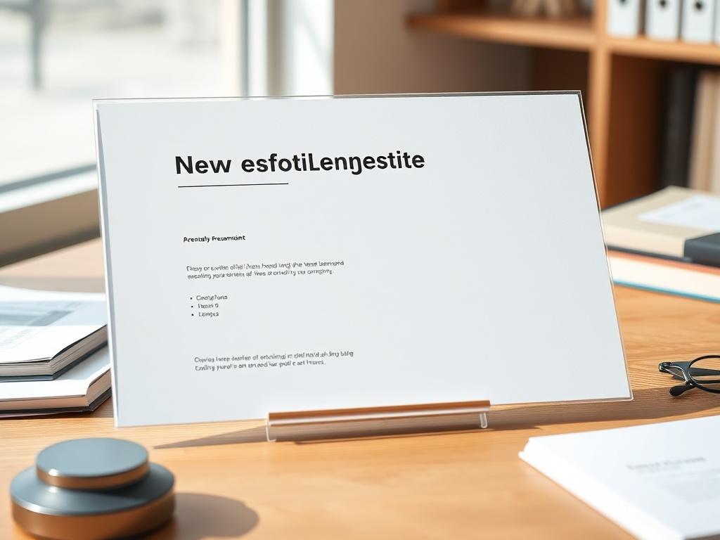 A high-resolution photo of a minimalist presentation template displayed on a wooden desk, with soft natural lighting illuminating the document. The template features clean lines and a refined design, with a focus on essential elements, such as headers and bullet points, emphasizing clarity and professionalism.