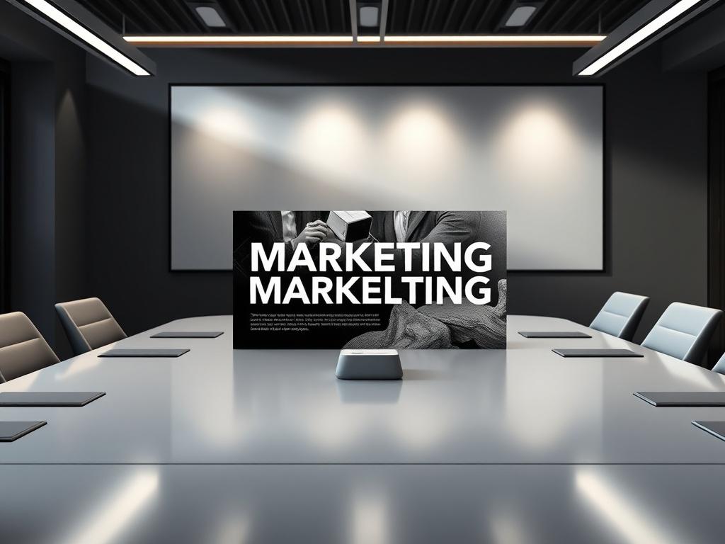 A high-resolution photo of a visually impactful marketing template displayed on a sleek conference table, with dramatic lighting highlighting the bold typography and elegant imagery. The template should be centered, conveying a sense of authority and professionalism, surrounded by modern decor elements.