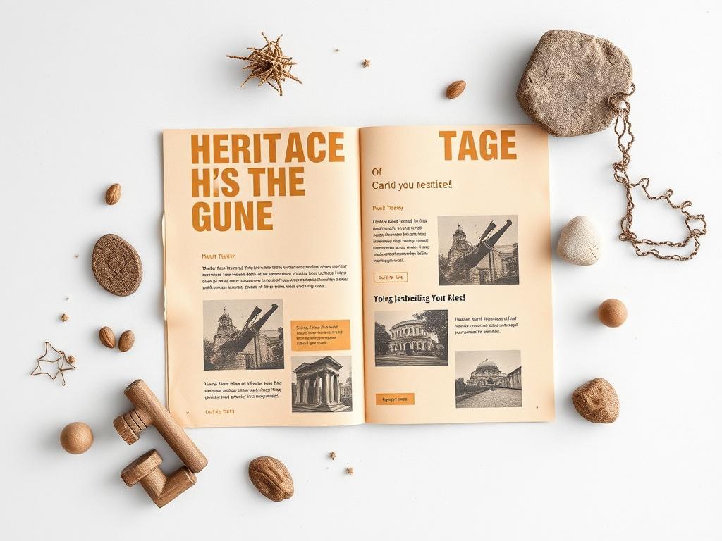 A high-resolution image of a heritage-themed template showcased on a light-colored surface, with earthy tones and subtle patterns. The template should display sections for text and images, emphasizing cultural elements and a connection to history, surrounded by natural textures like wood and stone.