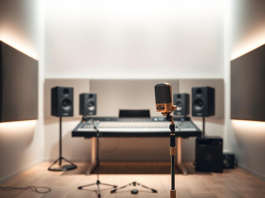 A minimalist studio setting with a sleek soundboard, surrounded by acoustic panels. The background features soft, ambient lighting that creates a calm atmosphere. In the foreground, a single microphone is positioned on a stand, emphasizing the focus on sound creation. The color palette is muted with shades of slate and antique gold, aligning with a refined aesthetic.
