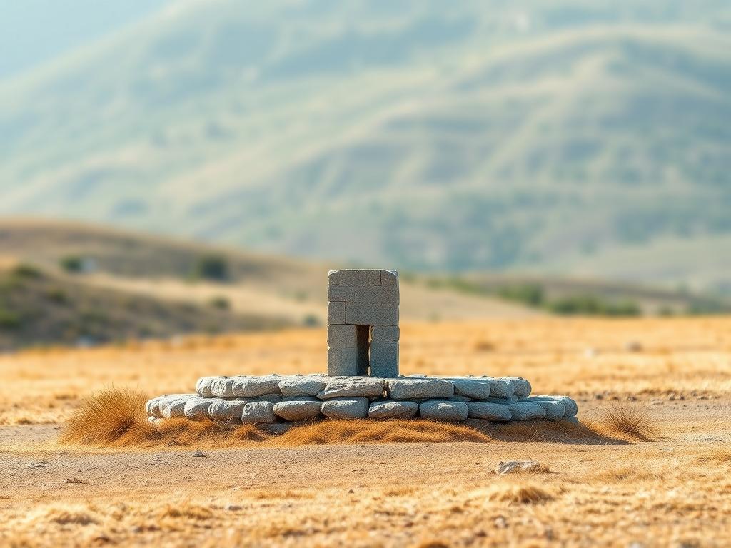 A minimalist, high-resolution image depicting a solitary, ancient stone structure set against a serene landscape. The structure should evoke a sense of timelessness and strength, surrounded by nature that reflects order and clarity. The background should be softly blurred to emphasize the subject, with clean lines and a subdued color palette.