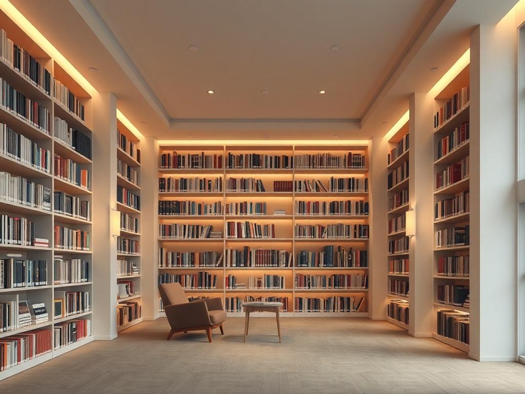 A high-resolution image showcasing an elegant library interior, featuring rows of bookshelves filled with books, warm ambient lighting, and a reading nook with a comfortable chair and a small table. The composition should be minimalistic and inviting, emphasizing serenity and the love for literature.