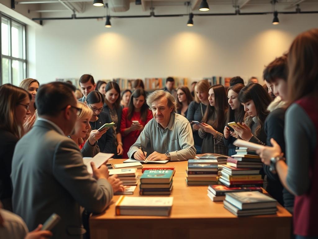 A high-resolution image of an author sitting at a table during a book signing event, surrounded by eager fans. The setting is warm and inviting, with soft lighting and stacks of books. The author appears engaged and approachable, sharing stories and signing copies.