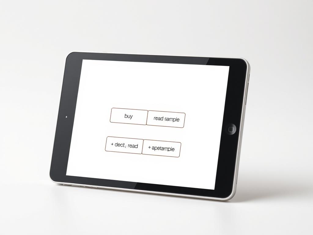 A visually appealing image of a digital device displaying a webpage with 'buy' and 'read sample' buttons prominently featured. The device should be styled with minimalistic design elements, set against a soft, neutral background. The focus should be on the simplicity of the user interface, emphasizing accessibility and ease of navigation.