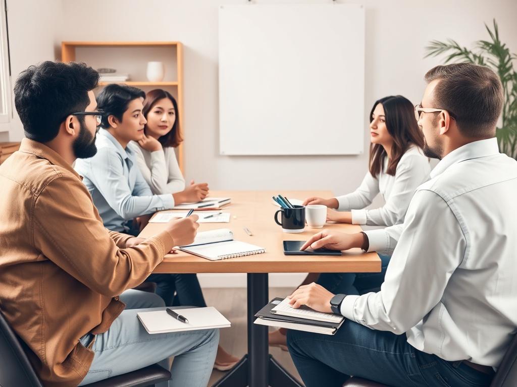 A high-resolution image of a cozy workshop setting, with participants seated around a table, engaged in discussion. There are notebooks, pens, and coffee cups on the table. The atmosphere is collaborative and inspiring, with a focus on creativity and learning.
