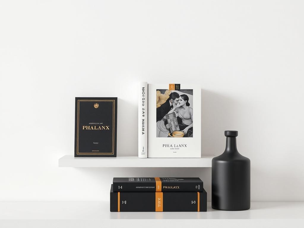 A clean, minimalist layout showcasing a styled bookshelf with Phalanx black and gold accents. The image features a few elegantly designed books with visible spines and covers, arranged on a simple, modern shelf. Background should be subtle with neutral tones to enhance the visual impact of the books. The composition should focus on clarity and elegance, emphasizing the quality of the book designs.