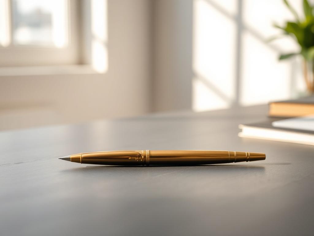 A realistic high-resolution photo of a minimalist workspace featuring a single antique gold pen resting on a slate gray desk, illuminated by soft natural light coming through a nearby window. The background is blurred to emphasize the pen, creating an atmosphere of calm and focus. The overall color palette harmonizes with shades of slate, antique gold, and bone, ensuring a refined and sophisticated appearance.