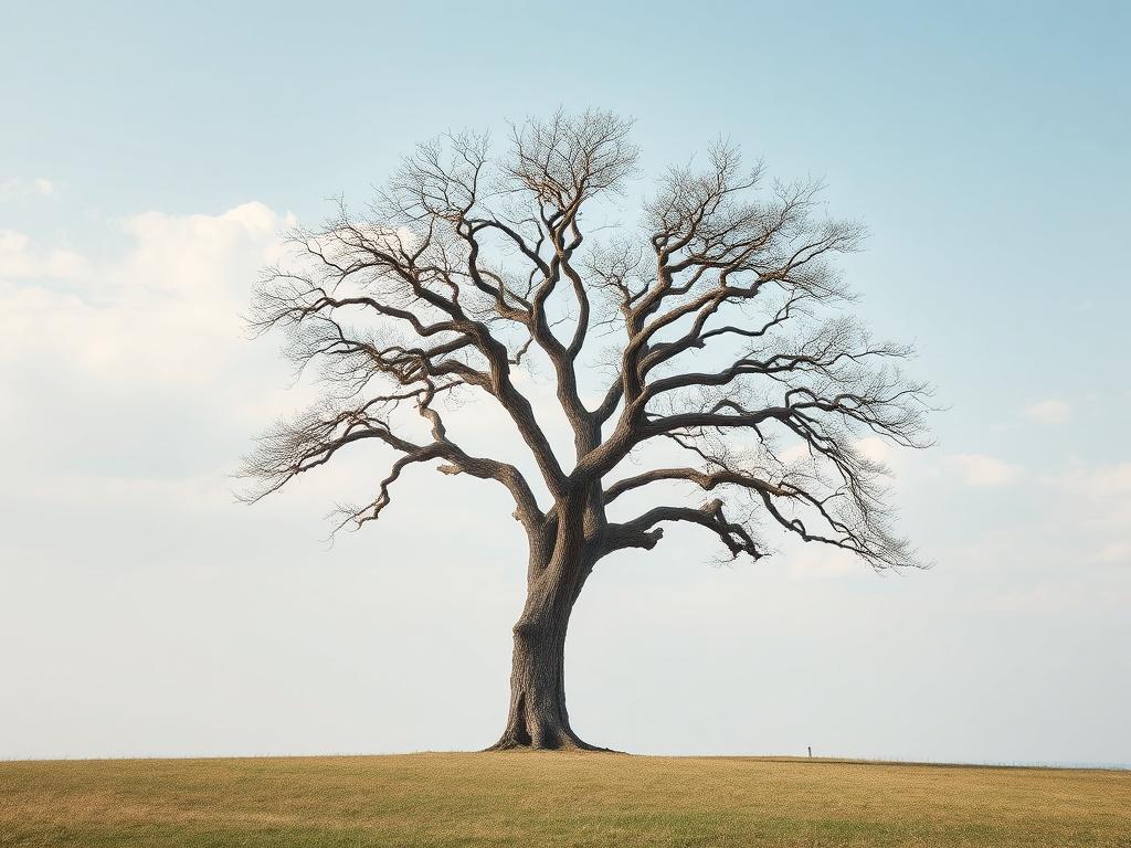 A minimalist scene depicting a single ancient oak tree standing strong in an open field. The tree's gnarled branches reach upwards, symbolizing endurance and strength. The background is a soft, muted color palette with clear blue skies and gentle clouds, allowing the tree to be the focal point. The ground is a simple grass landscape, emphasizing the tree's rootedness and stability. The overall composition should evoke a sense of calm and timelessness.