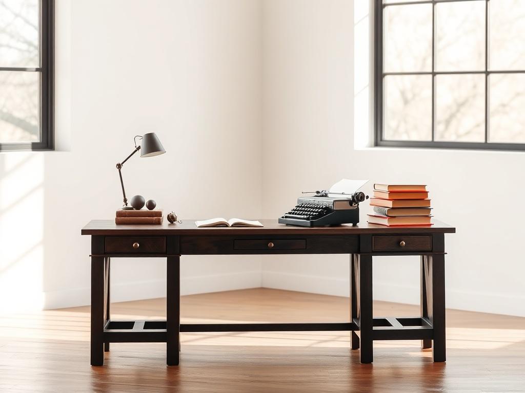 A minimalist workspace featuring a single, elegant writing desk made of dark wood, with a vintage typewriter and a stack of leather-bound books. The background is softly blurred to emphasize the desk. Natural light filters through a large window, creating a warm ambiance, while the color palette consists of slate and antique gold tones.