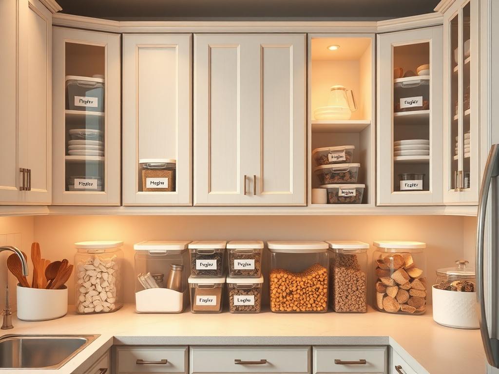 A well-organized kitchen featuring neatly arranged cabinets, labeled containers, and a clean countertop. The lighting should be warm and inviting, emphasizing functionality and beauty. There should be a single focus on the organized pantry area, showcasing clear bins and an overall tidy appearance that promotes a sense of peace and efficiency in the space.