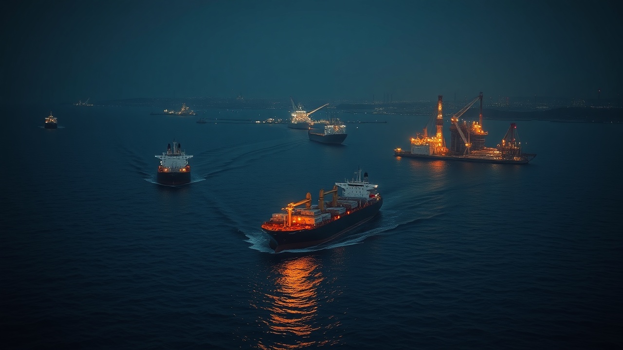 Oil tankers in Strait of Hormuz with Middle East energy infrastructure
