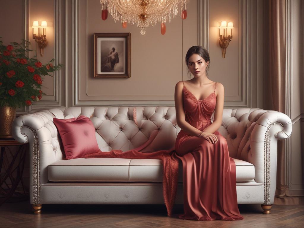 A stunning, elegant young woman dressed in luxurious attire, sitting