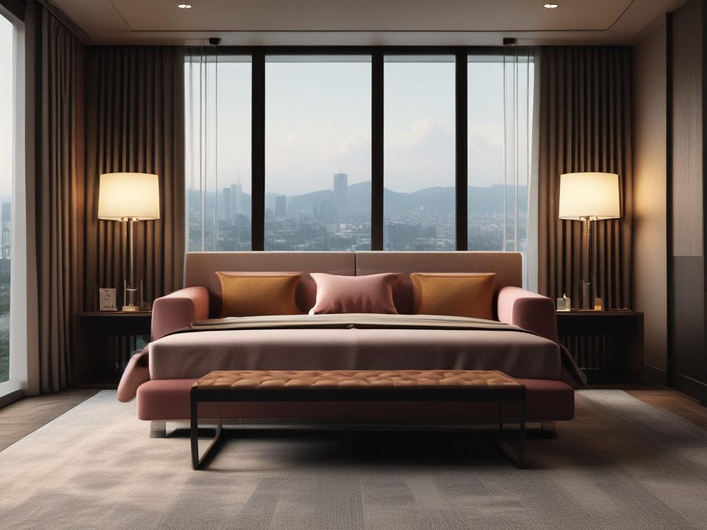 A sophisticated escort arriving at a luxurious hotel room, dressed