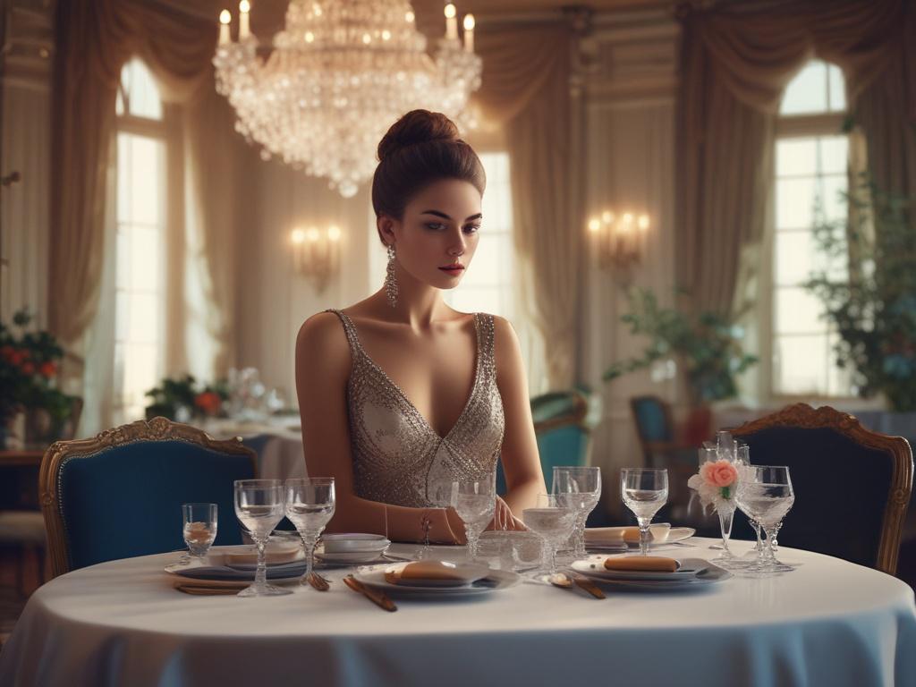 A stunning, elegant woman dressed in a sophisticated evening gown,