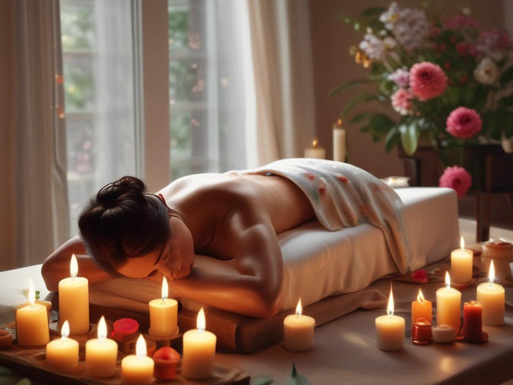 A serene spa setting with a beautiful woman giving a