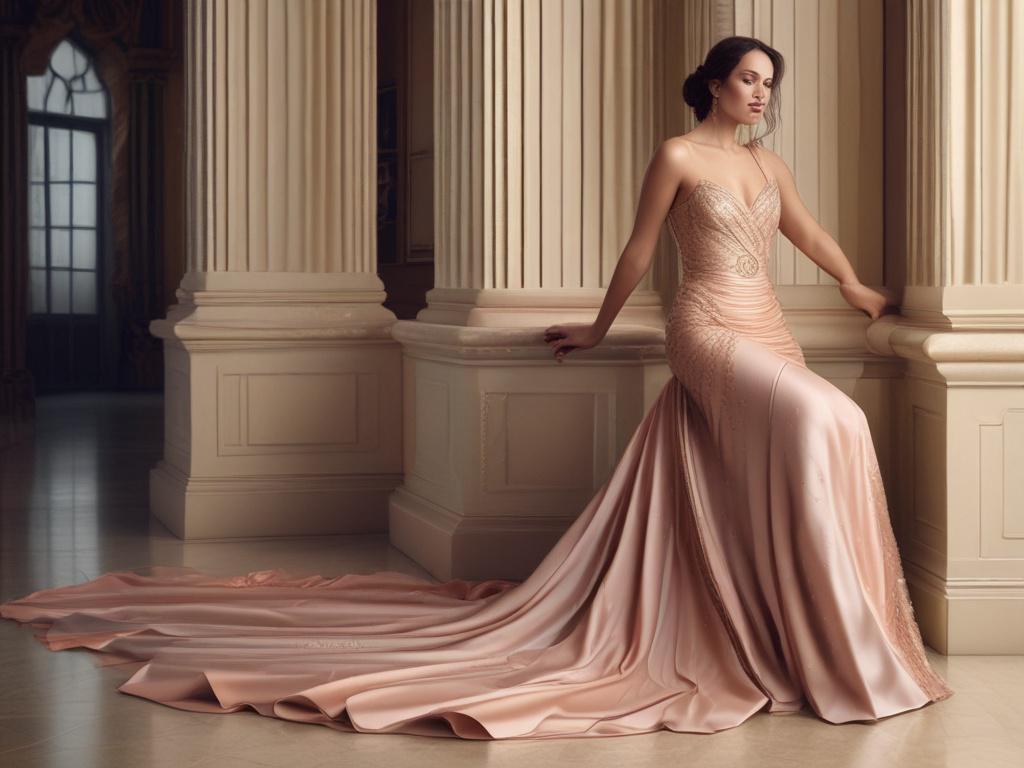 A glamorous actress or celebrity in a stunning designer dress,