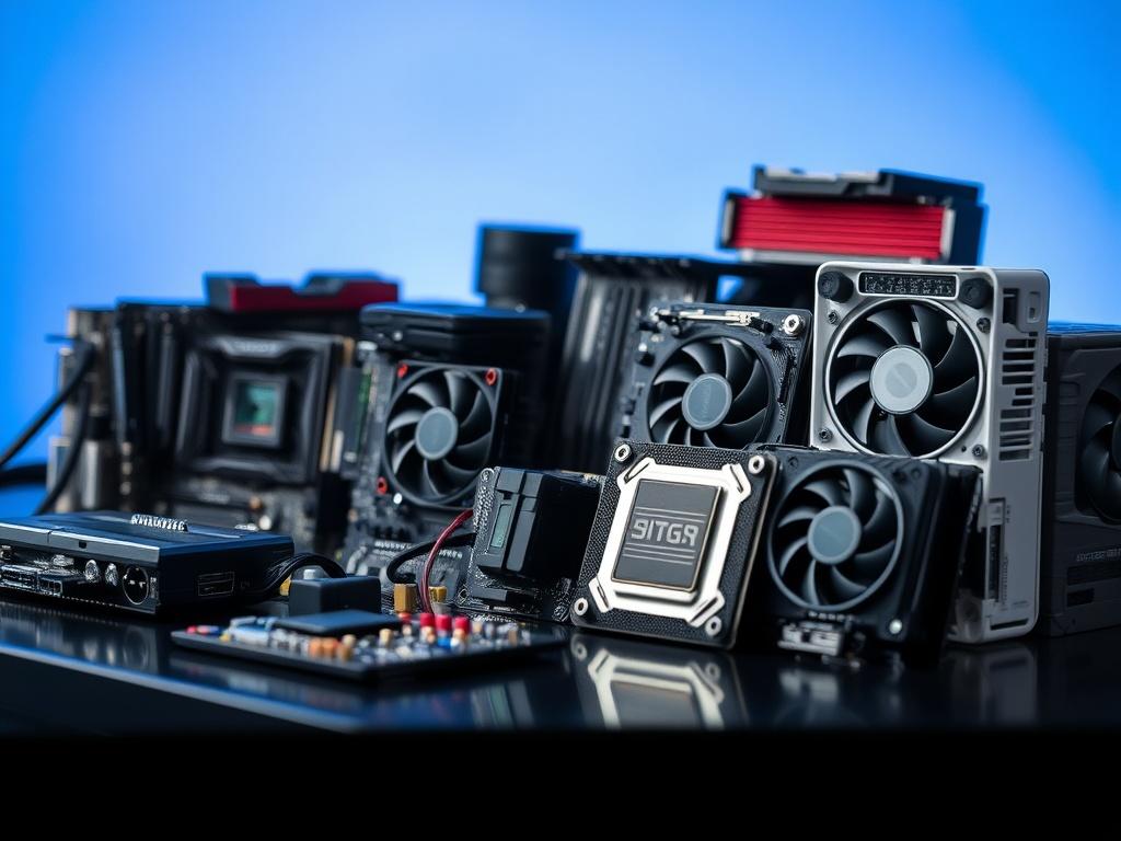 A hyper realistic close up shot of various computer parts