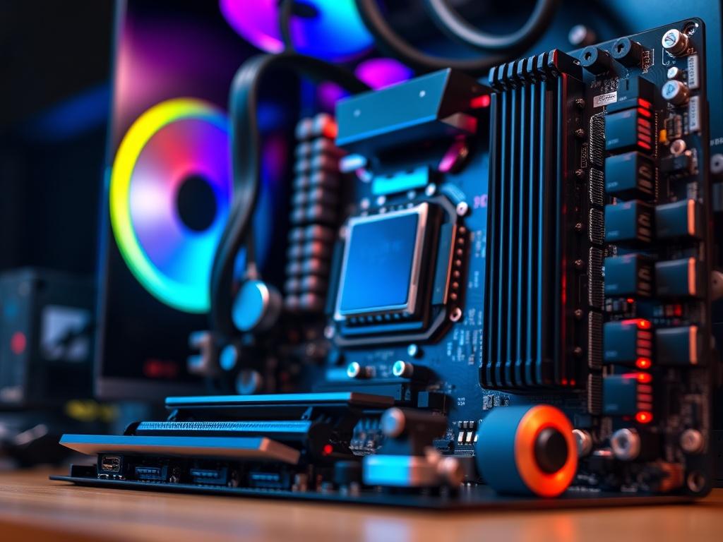 A hyper-realistic close-up shot of a modern workstation setup, showcasing a sleek computer motherboard with intricate components and vibrant colors. The background is softly blurred to emphasize the motherboard, and the lighting highlights the metallic textures and circuits. The image should evoke a sense of innovation and technology, perfect for a marketing plan focused on the computer parts industry. The color scheme should incorporate the primary color rgb(2, 86, 197).
