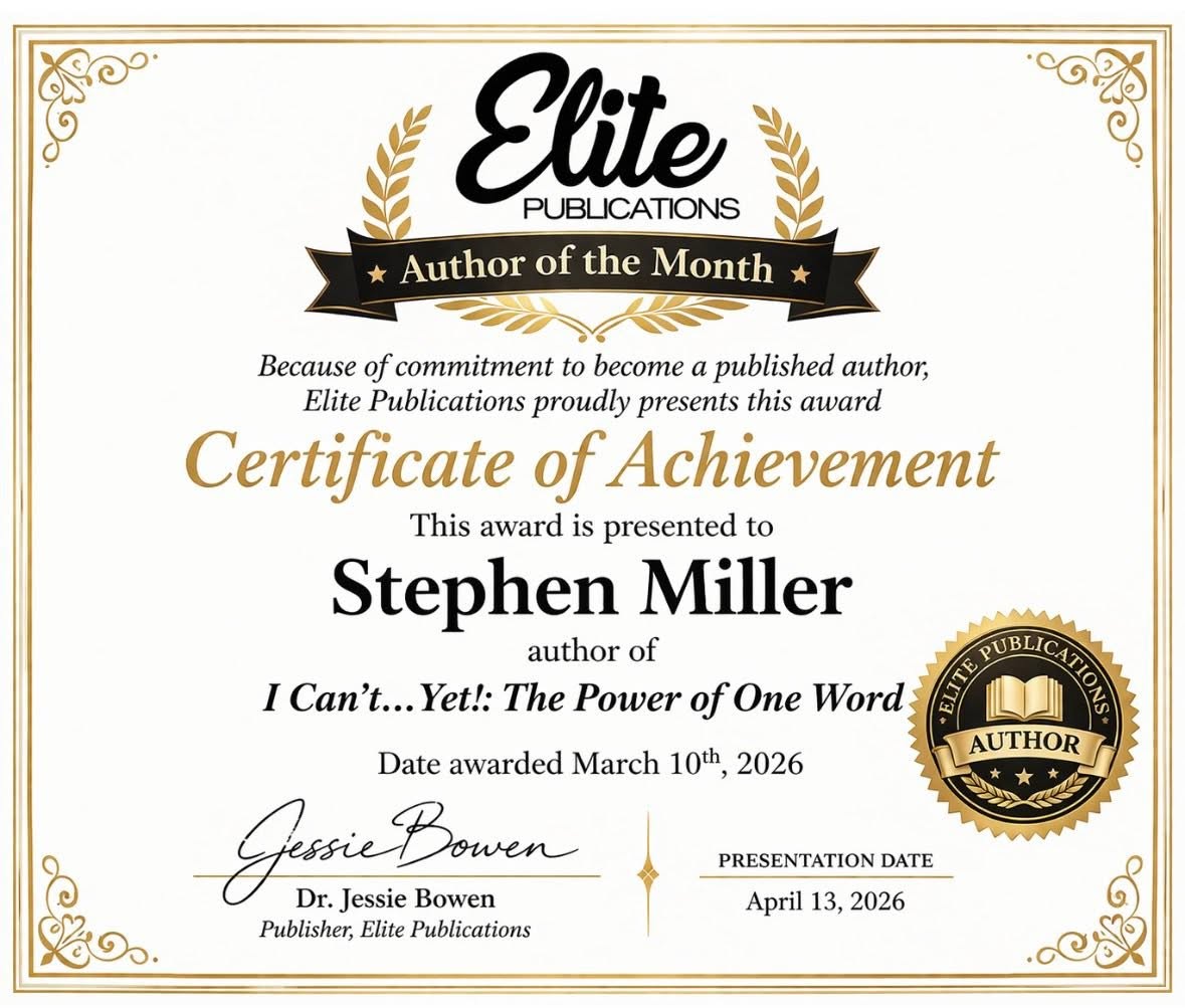 Certificate of Achievement naming Stephen Miller Author of the Month